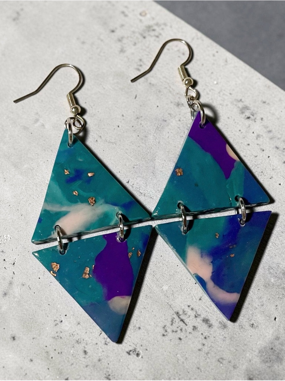 Handmade Teal & Purple Triangle Dangle Earrings